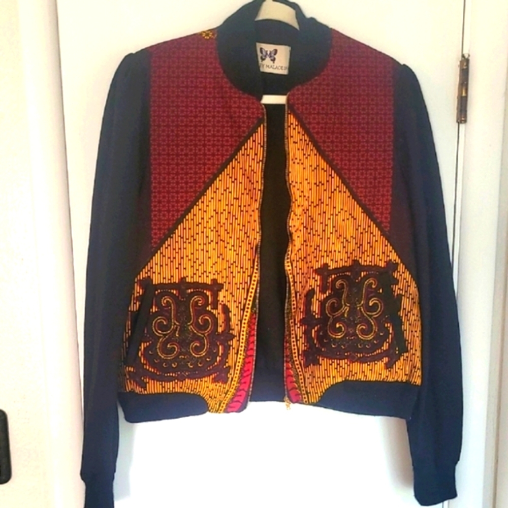 HONEY MALAOLU ●Red GOLD black & Green○Teddy Jacket w Ribbed Collar ●Kente Cloth